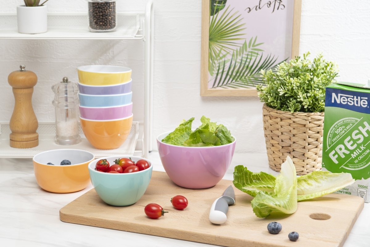 bzyoo 6-Piece 5.5 Inch 30.4oz ColorPop Bowls Set - Pastel Colored Melamine Serving Bowls for Salads, Desserts, Snacks & Party Tableware