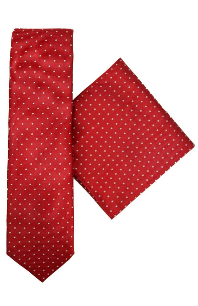 L.A. Smith Premium Polyester Red Spot Tie and Pocket Square Set - Perfect for Weddings, Business Meetings & Formal Events