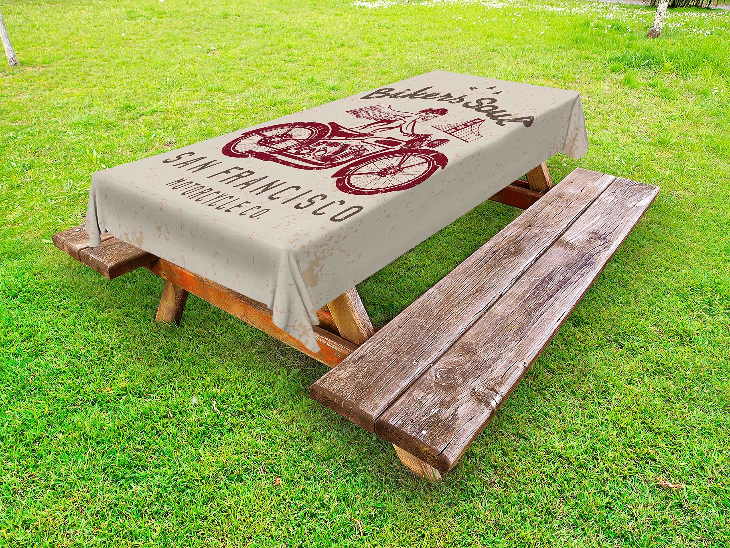 Retro Biker Style Washable Outdoor Tablecloth - San Francisco Emblem with Skull Wings Motorcycle Design, 58x104 Inch Picnic Table Cover for Patio, BBQ, Camping & Outdoor Dining (Beige Ruby)