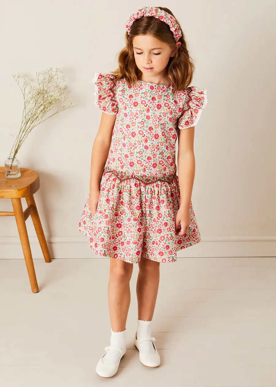 Margot Floral Sleeveless Hand-Smocked Girls Dress in Red - Liberty Fabric (Ages 4-12 Years) | Perfect for Summer Parties, Weddings & Special Occasions