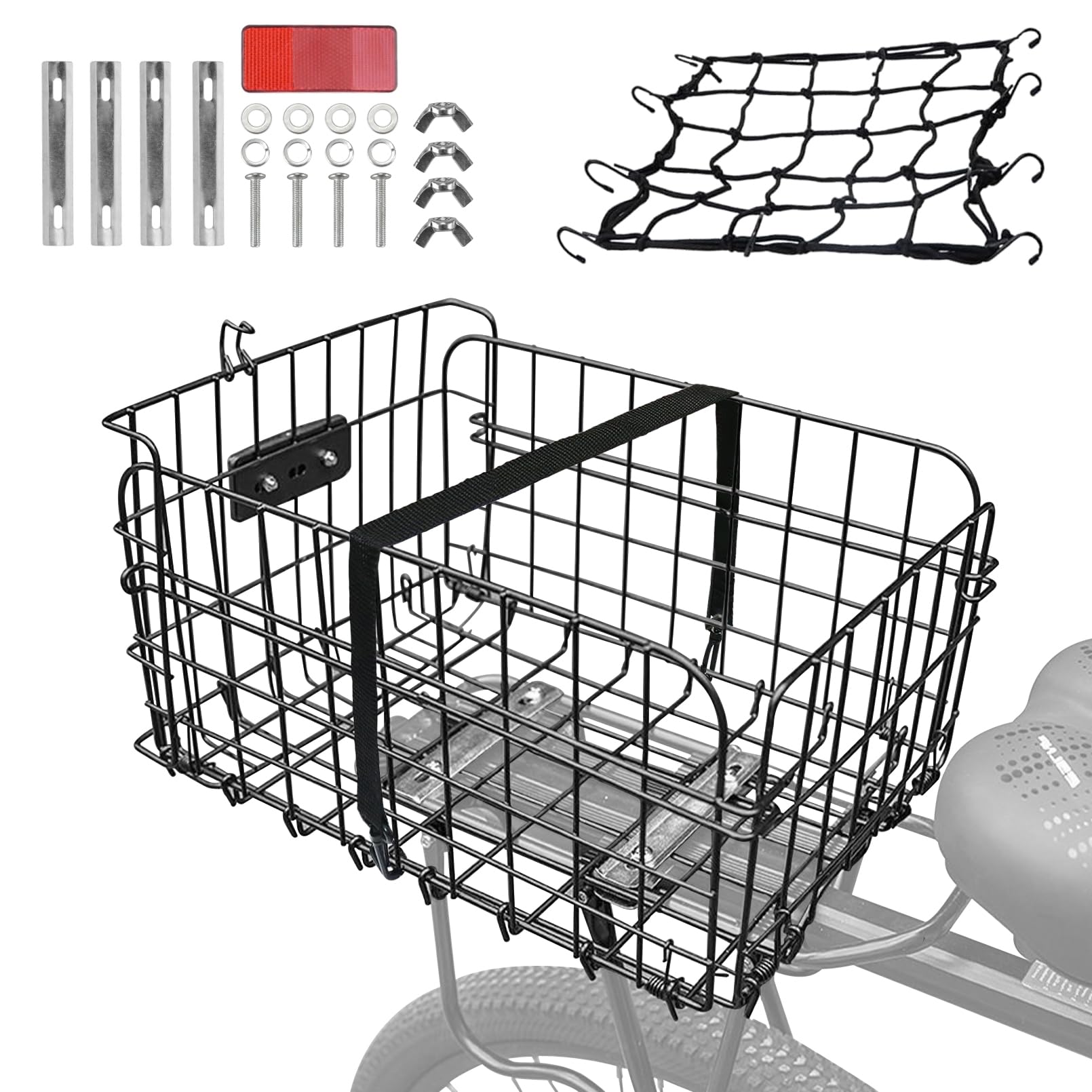Rear Bike Basket - Foldable & Detachable Metal Bicycle Cargo Rack with Adjustable Strap & Reflective Tail Light - Universal Fit for Most Bike Racks - Perfect for Grocery Shopping, Commuting & Outdoor Adventures