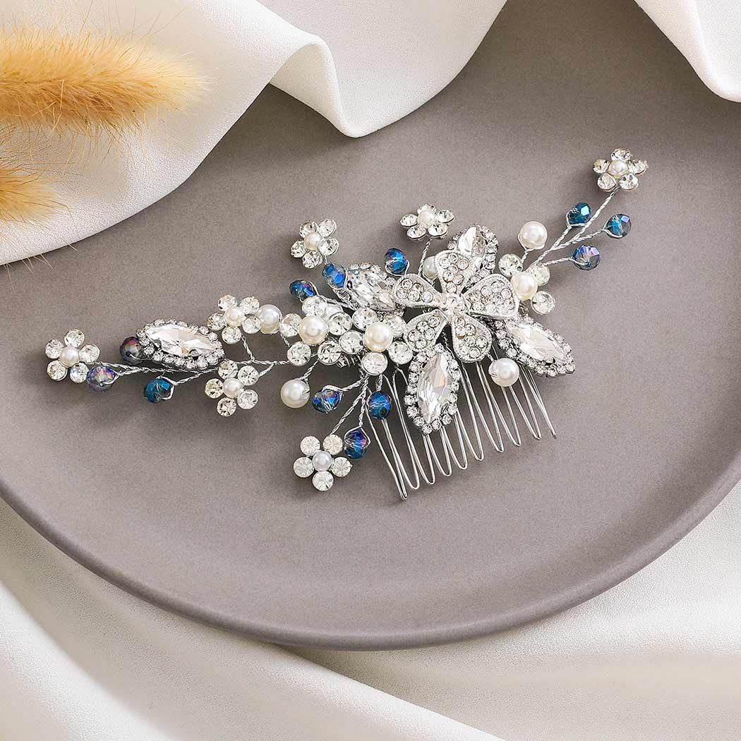 Silver Crystal Wedding Hair Comb with Blue Rhinestones - Bridal Hair Accessories for Women