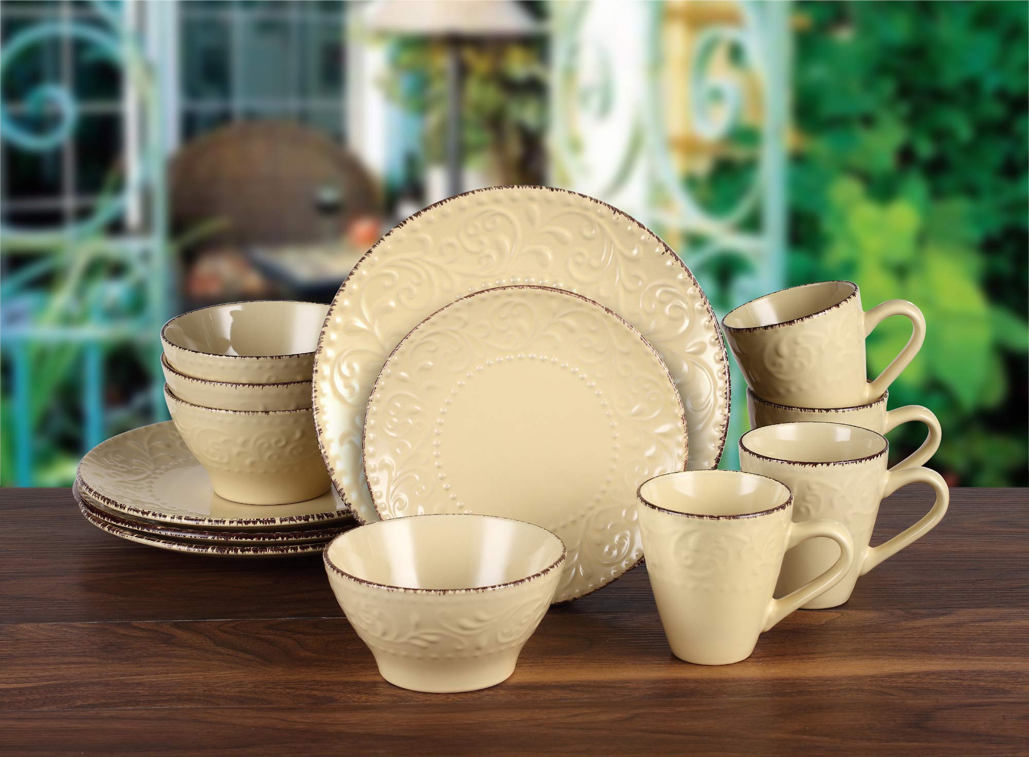 Elegant Modern Stoneware Scroll Dinnerware Set - 16 Piece Yellow Dinner Plates, Bowls & Mugs for Parties, Events & Home Decor | Perfect for Thanksgiving, Christmas & Family Gatherings