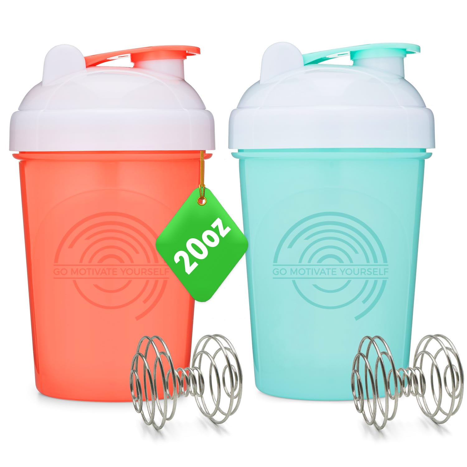 GOMOYO 20-Ounce Protein Shaker Bottle 2-Pack (Coral & Mint) - BPA Free, Dishwasher Safe with Mixing Ball - Perfect for Gym, Workout & Post-Exercise Recovery