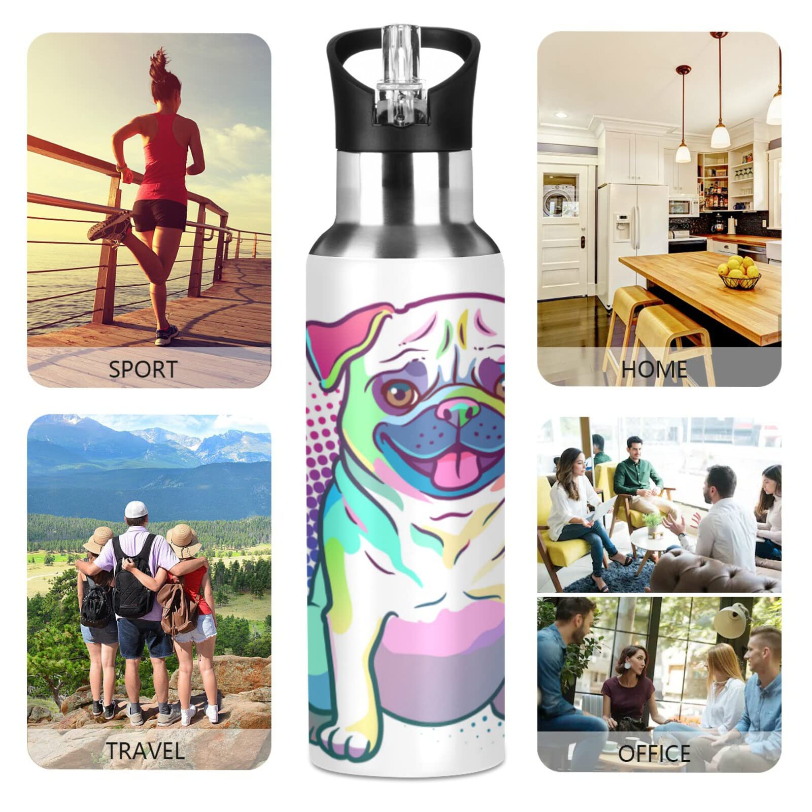 Rainbow Pug Dog Water Bottle - 20oz Stainless Steel Vacuum Insulated with Straw Lid, Cute Polka Dot Animal Design - Perfect for School, Gym, Hiking & Outdoor Activities