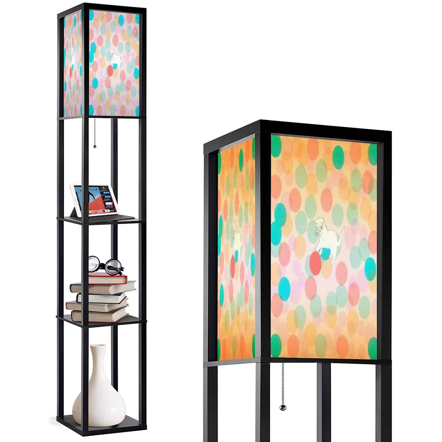Modern Corner Floor Lamp with Shelves - 3-Tier Storage & Adjustable LED Lighting (3 Color Temperatures) - White Kitten Design Linen Lampshade Standing Lamp for Living Room, Bedroom, Reading Nook & Home Office Decor