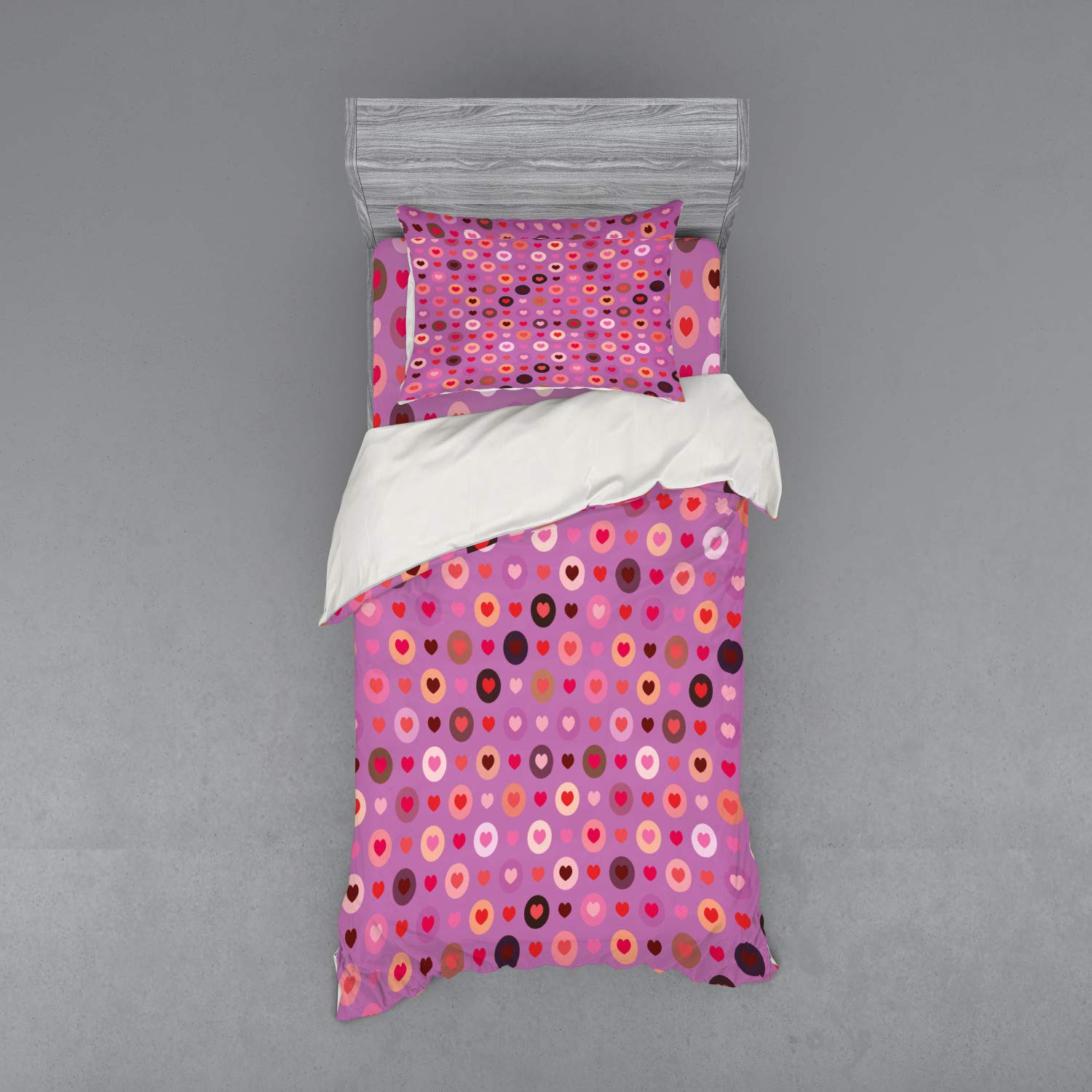 Ambesonne Abstract Duvet Cover Set - Valentine's Day Heart Design with Circular Patterns, 3-Piece Bedding Set Includes Sham & Fitted Sheet, Twin Size, Fuchsia Red Salmon Color - Perfect for Romantic Bedrooms, Anniversary Gifts & Couples Retreats