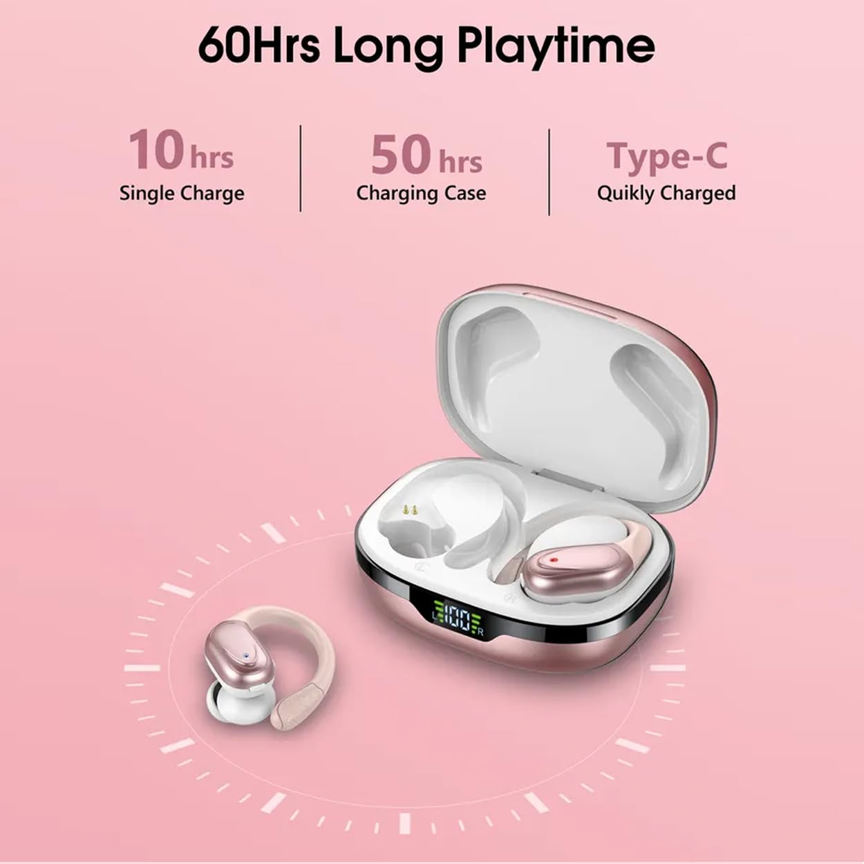 BX17 Wireless Bluetooth 5.3 Earbuds with 48H Playtime, HiFi Stereo Bass, Earhook Design, IPX5 Waterproof, Built-in Mic & LED Display - Perfect for Running, Gym, Travel & Workouts (Rose Gold)