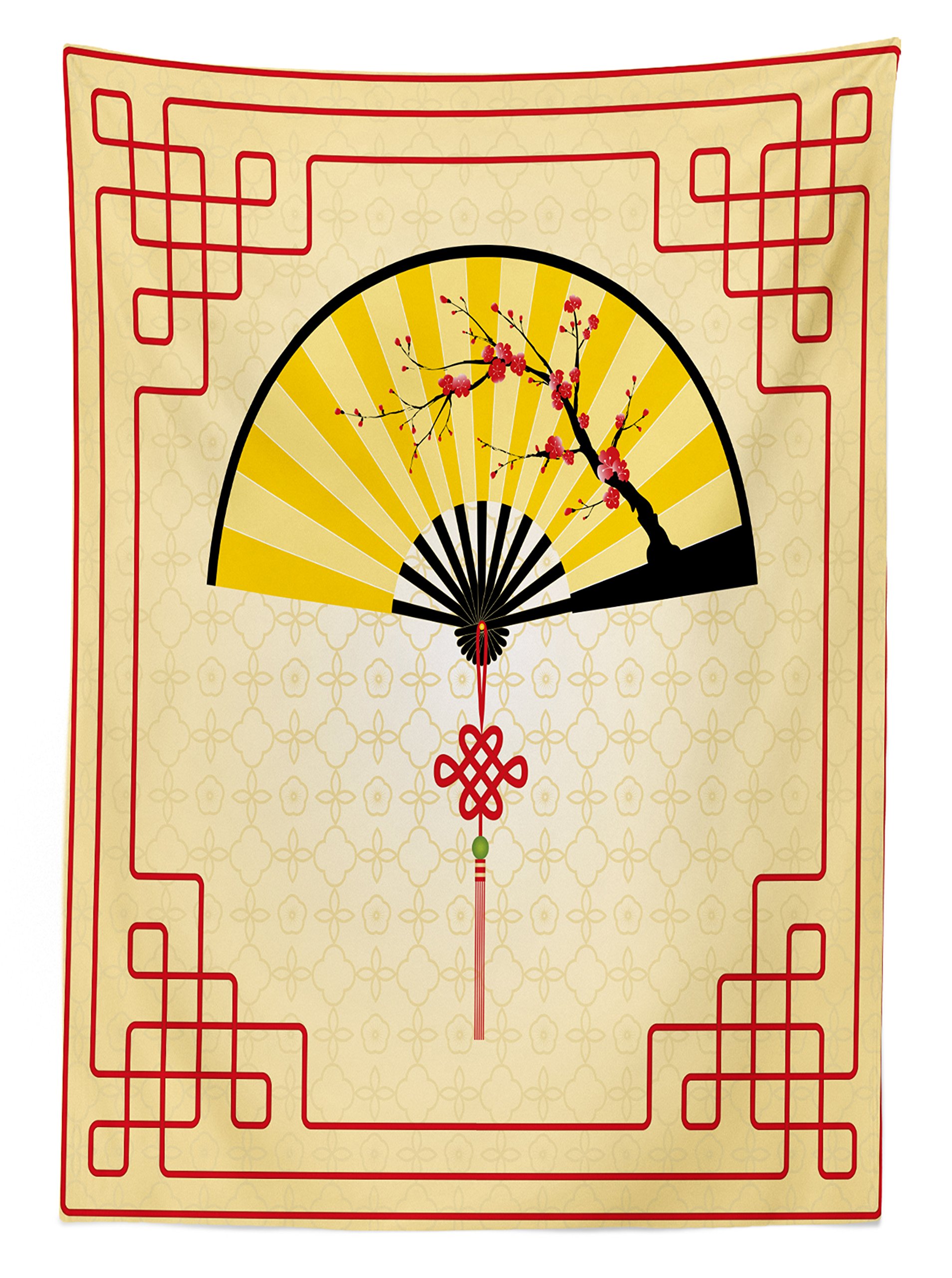 Ambesonne Japanese Cherry Blossom Hand Fan Design Washable Outdoor Picnic Tablecloth - Traditional Asian Inspired Sand Brown Yellow Red Pattern - 58