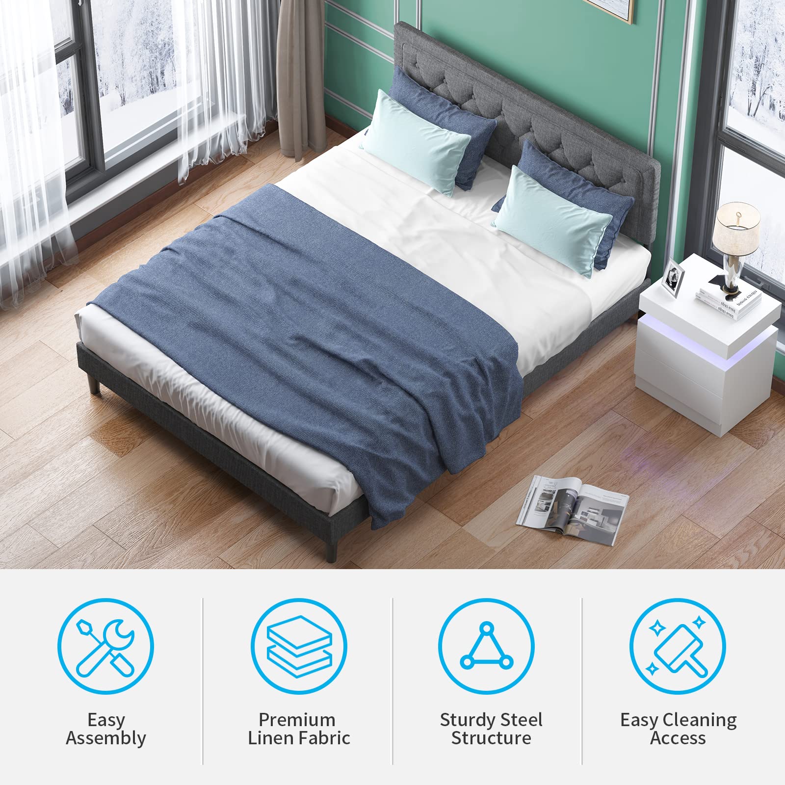 Mjkone Queen Size Bed Frame with Adjustable Headboard - Dark Grey Upholstered Platform Bed, No Box Spring Needed, Modern Tufted Design for Bedroom & Apartment | Perfect for Small Spaces, Guest Rooms & Master Bedrooms