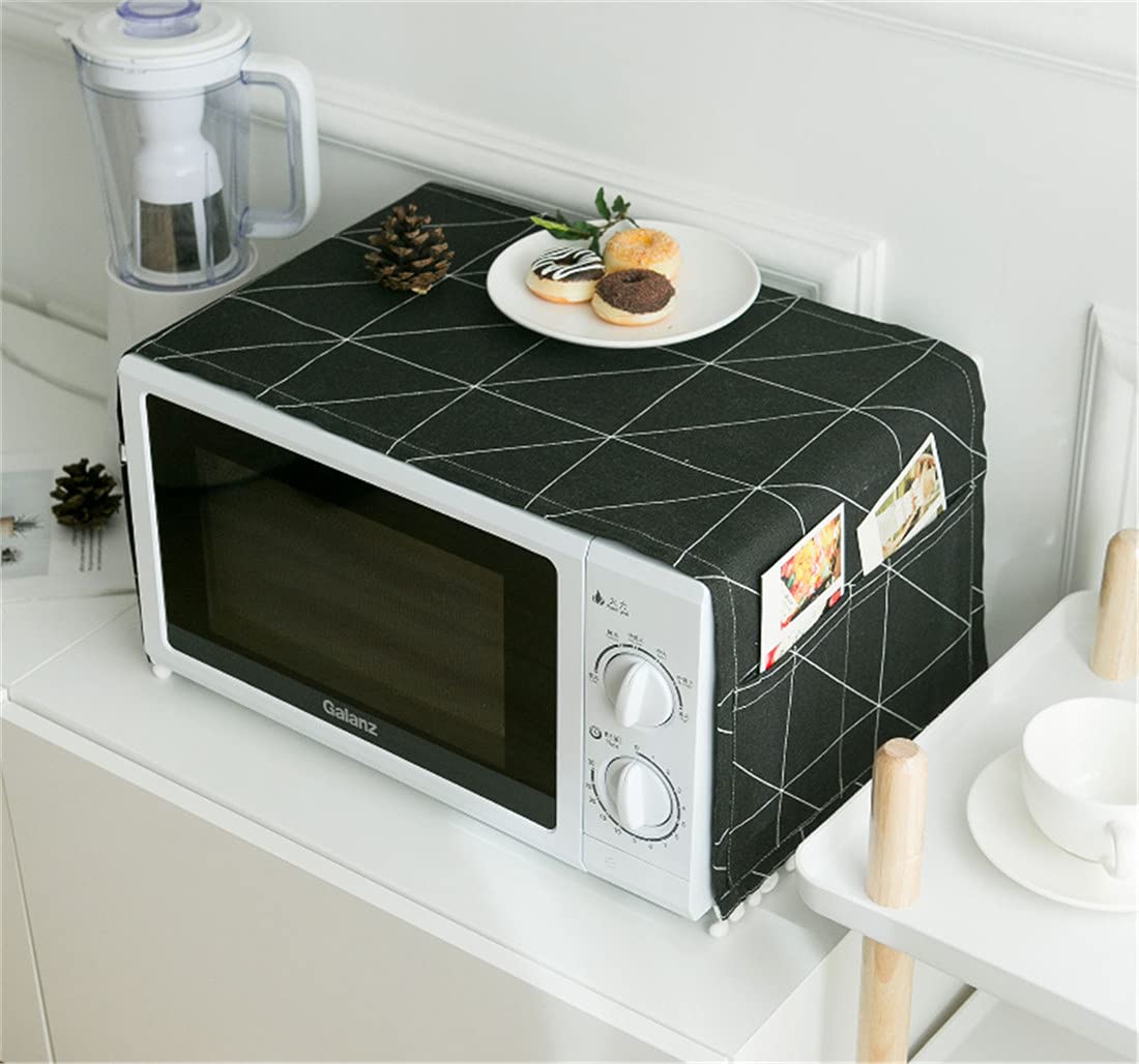 **MVCHIFAY Microwave Oven Cover - Dustproof Cotton Kitchen Appliance Protector with Side Storage Pockets, 11.8x35.4 Inches (Big Black Chess Board Design) - Perfect for Home, Office, and Dorm Use**
