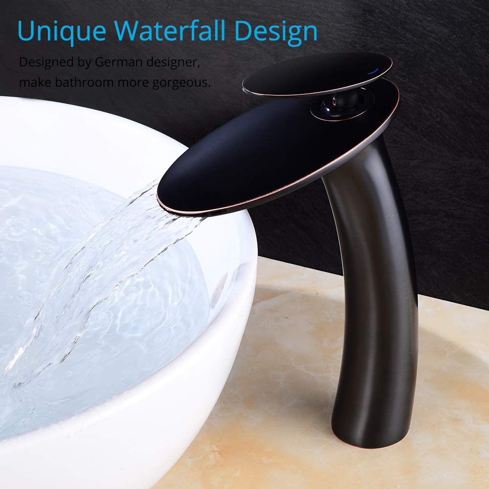 Oil Rubbed Bronze Waterfall Bathroom Sink Faucet - Single Handle Brass Lavatory Faucet with Pop Up Drain & Supply Hoses - Tall Slanted Body Basin Mixer Tap for Vanity Sink - Perfect for Modern Bathroom & Powder Room Renovations