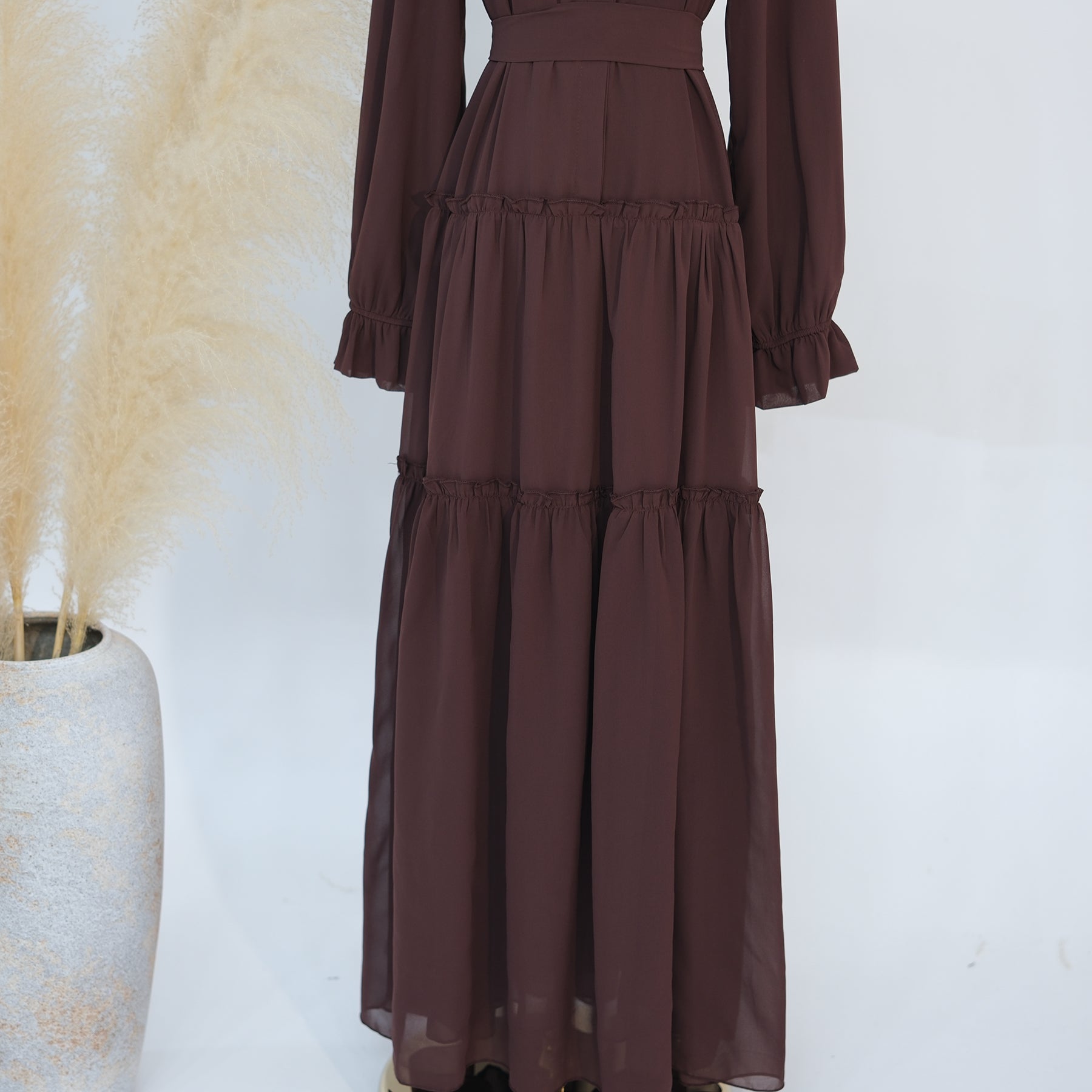 Molly Prairie Chiffon Maxi Dress in Coffee - Elegant Flowy Summer Dress for Women, Perfect for Beach Vacations, Weddings & Boho Parties