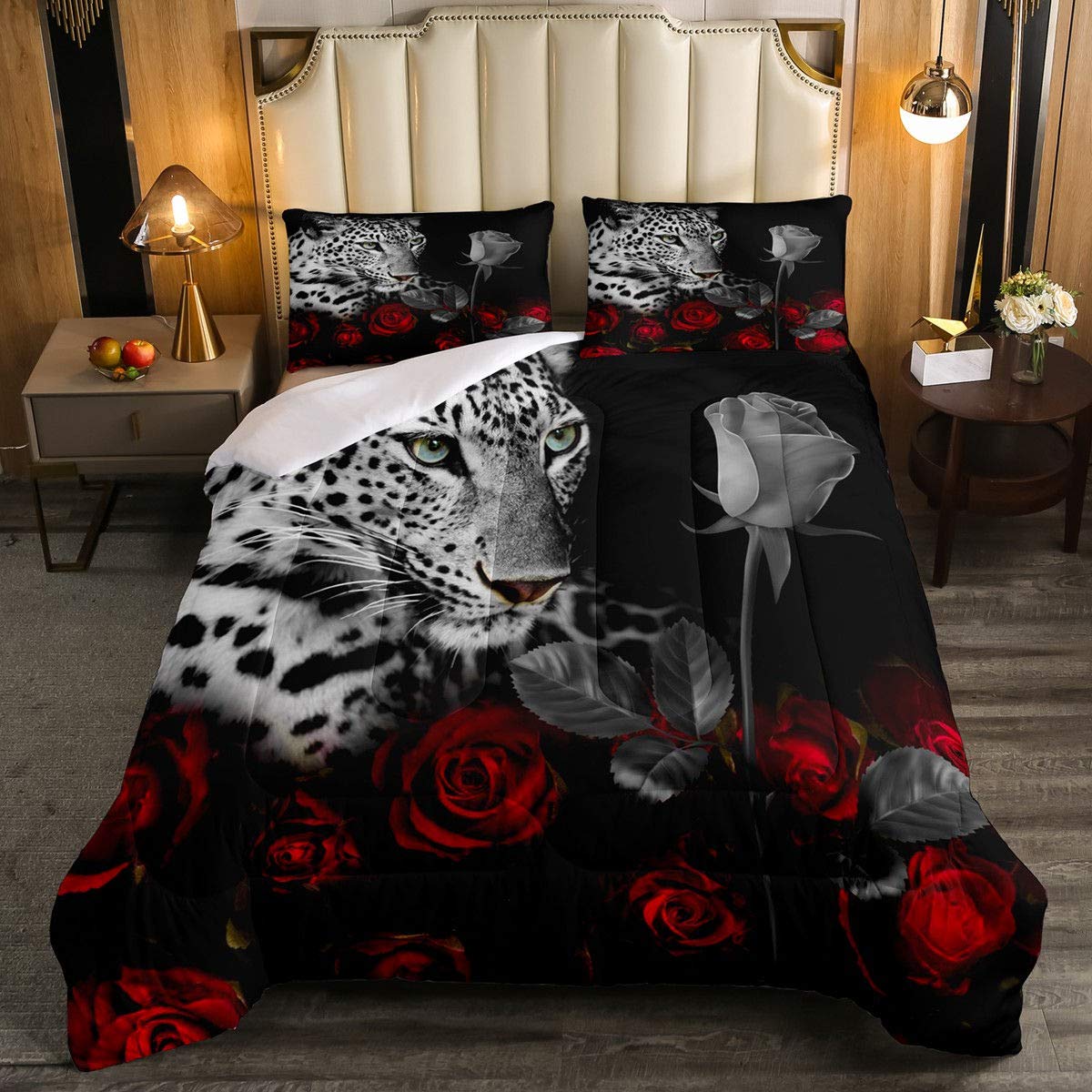 Leopard Rose Bedding Set - Queen Size Comforter & Pillowcases for Safari Bedroom Decor