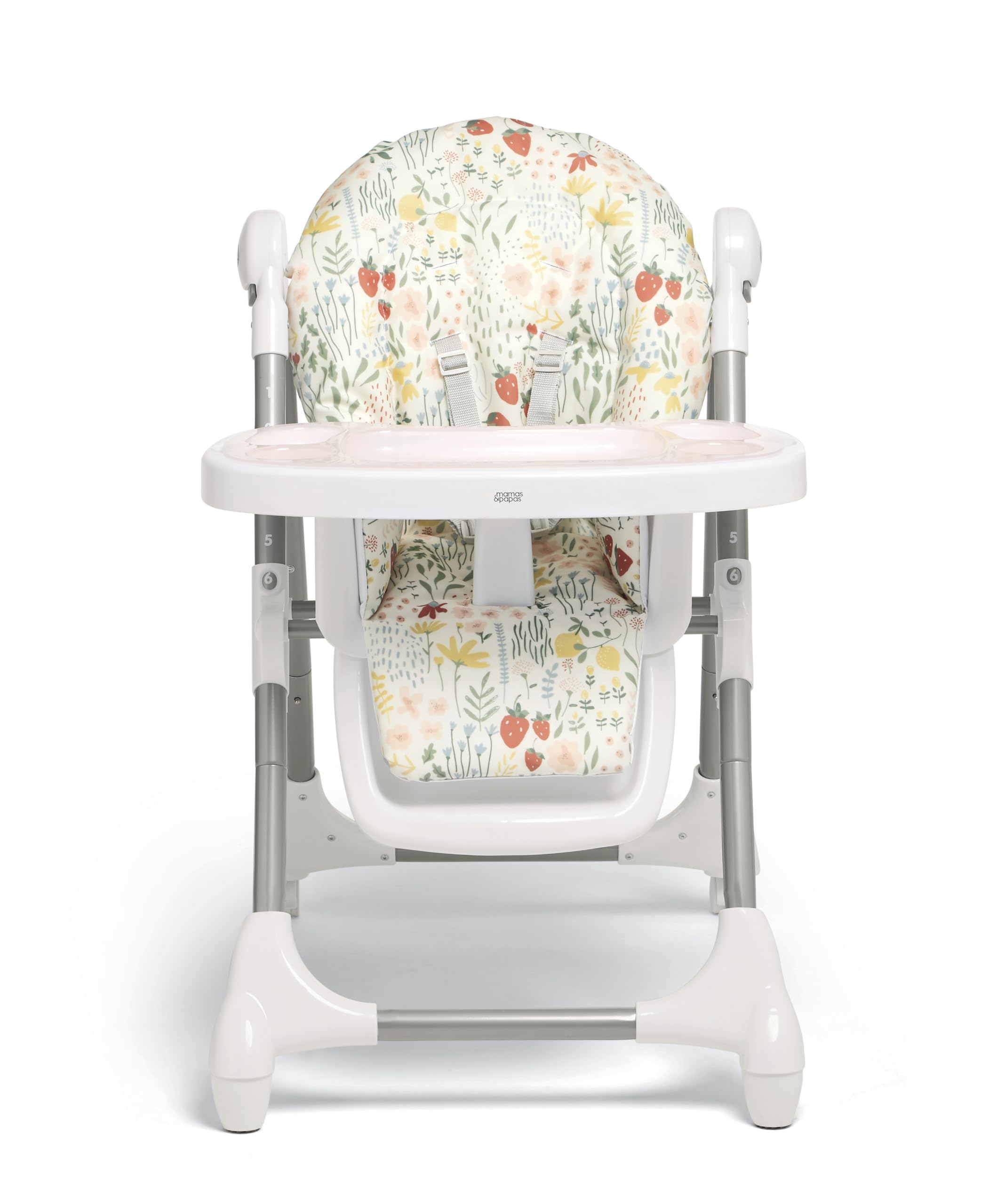 Mamas & Papas Snax Adjustable High Chair with Reclining Seat, Foldable Design & Removable Tray - Fruit Garden Pattern | Baby Feeding Chair for Home, Restaurant & Travel Use