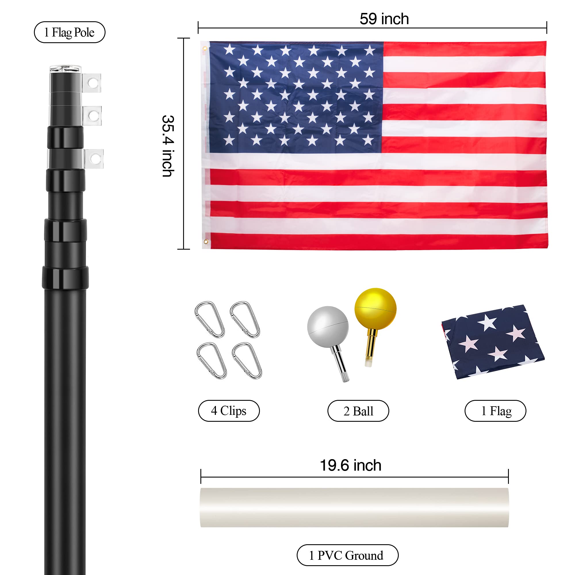 20FT Heavy Duty Telescoping Flag Pole Kit - 14 Gauge Aluminum Inground Flagpole with 3x5 American Flag | Fly 2 Flags | Weather-Resistant for Residential, Yard & Commercial Use | Perfect for Patriotic Displays, Sports Events & Business Branding