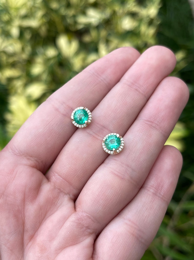 2.32tcw 14K Gold 8.5mm Round Emerald & Diamond Halo Stud Earrings for Women - Elegant Green Gemstone Jewelry Gift for Birthday, Anniversary & Special Occasions
