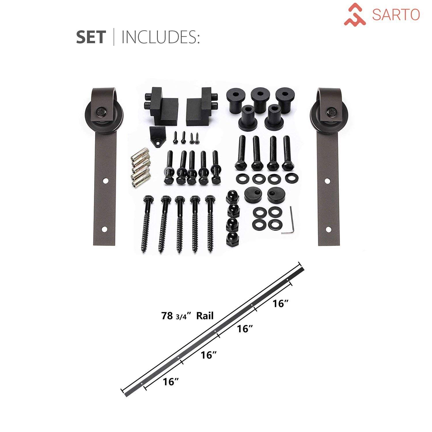 SARTODOORS 18x96 Inch Frosted Tempered Glass Barn Door with Black Matte Planum 2102 Finish - 6.6FT Top Mount Rail & Heavy Duty Hangers Hardware Set - Modern Solid Panel Interior Sliding Door for Bedroom, Closet, or Living Room Partition