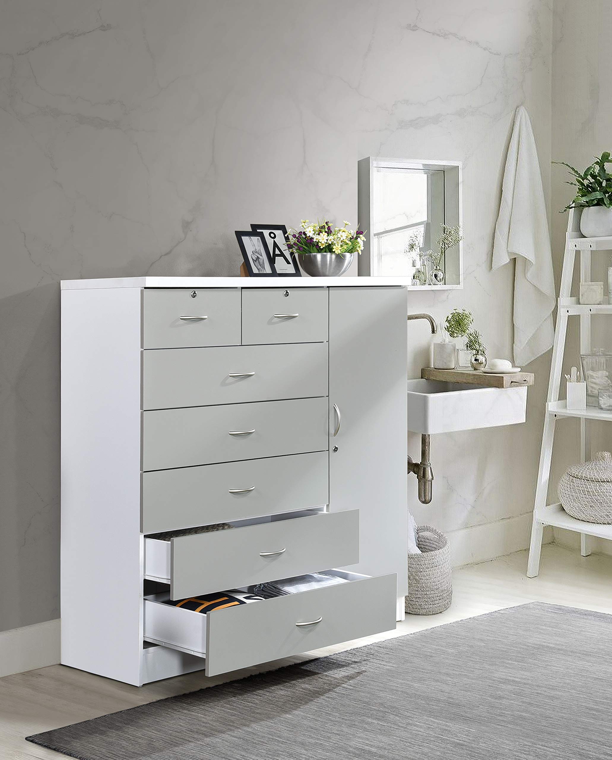 Hodedah 7-Drawer Jumbo Chest Dresser with 5 Large Drawers, 2 Small Lockable Drawers, Hanging Rod & 3 Shelves - Grey-White Finish | Perfect for Bedroom Storage, Closet Organization & Small Space Living
