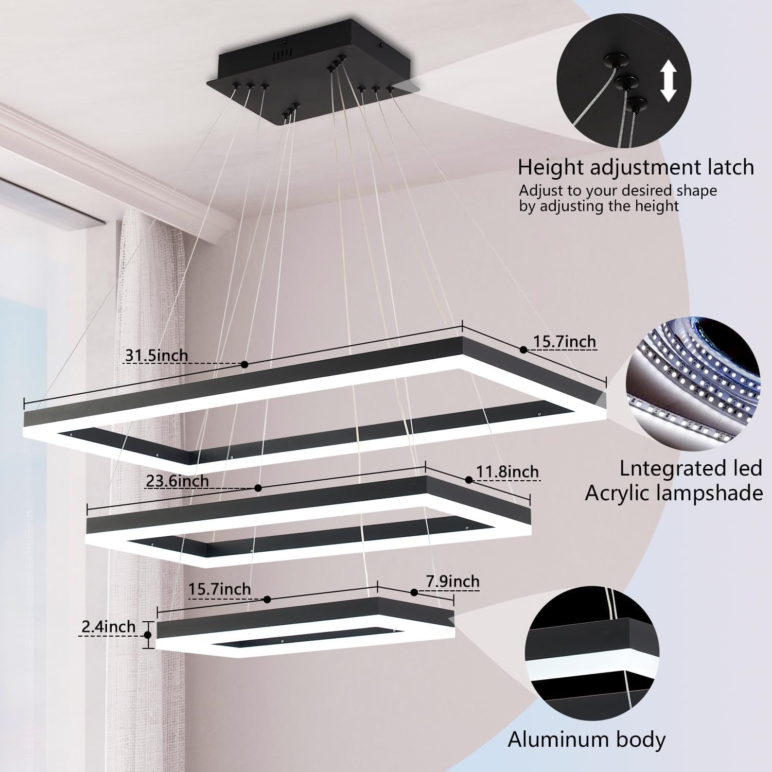 Modern Black LED Chandelier - 3 Ring Rectangle Dining Room Light Fixture - Large Upgraded High-Transmission Acrylic Design - Perfect for Contemporary Dining Rooms, Kitchens, and Living Spaces