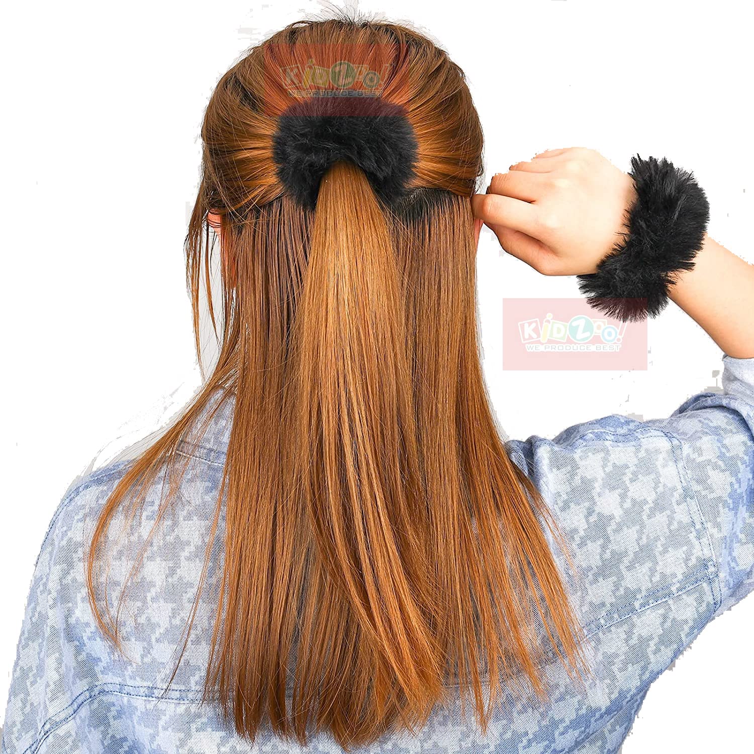 Kidzoo 2-Pack Super Soft Faux Fur Rabbit Hair Scrunchies - Elastic Ponytail Holders & Wristbands for Women & Girls (Black) | Perfect for School, Workout, and Fashion Accessories