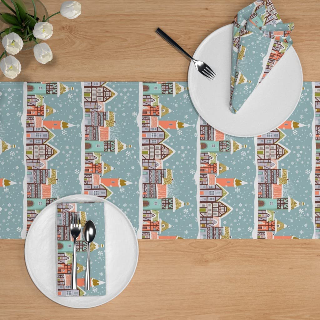 Custom Timber Framed Houses in Snow Print Cotton Sateen Table Runner 72