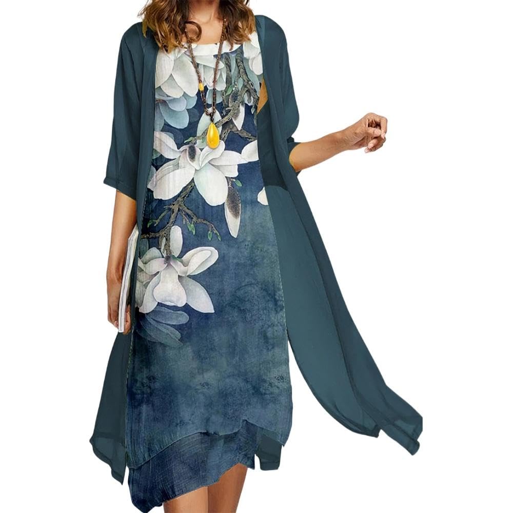 Women's Floral Print Two Piece Set - Sleeveless Chiffon Dress with Cardigan, Casual Loose Plus Size Outfit for Wedding Guest, Beach Party & Summer Vacation
