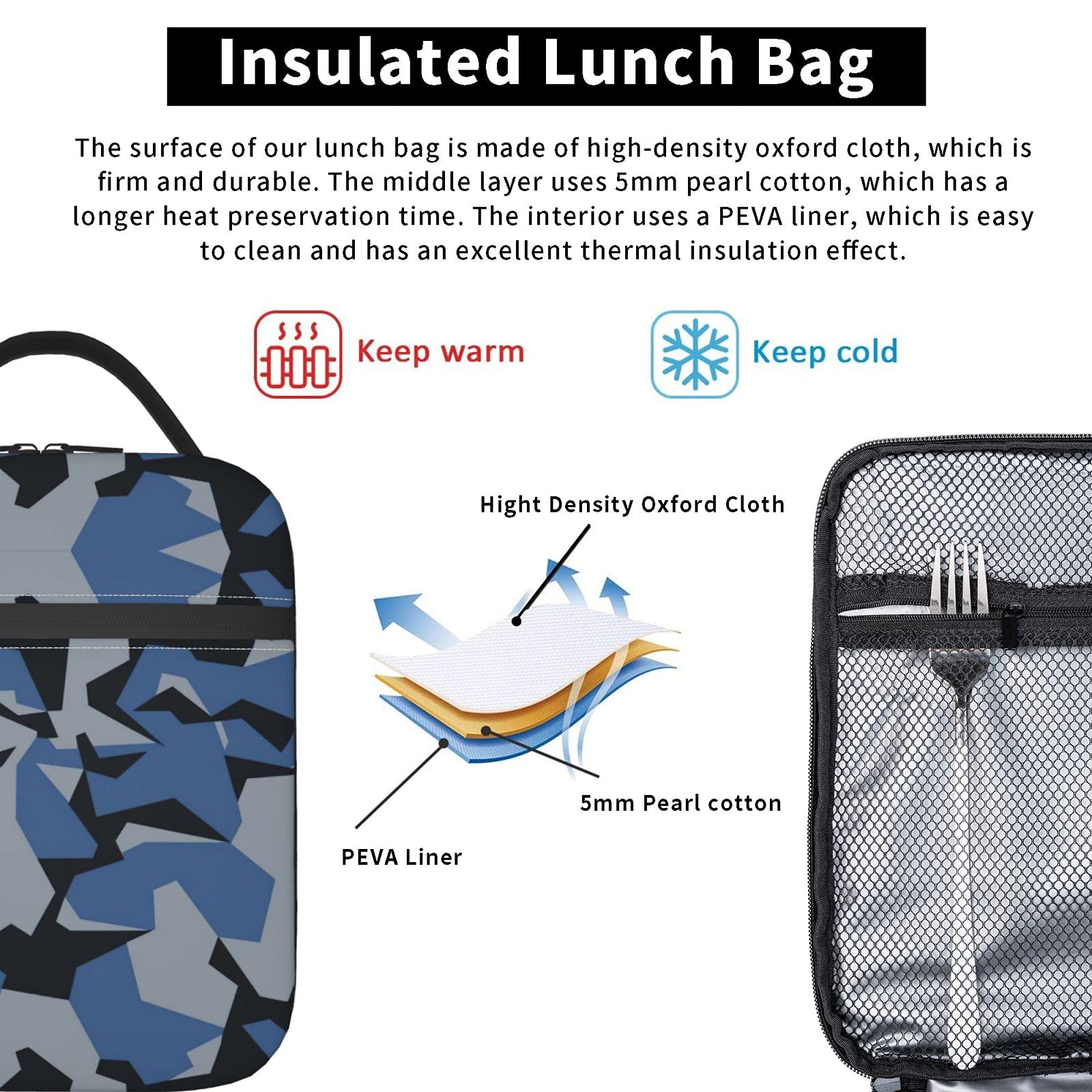 Blue Camo Insulated Lunch Bag - Reusable Leakproof Cooler for Men, Women & Kids | School, Office, Picnic, Beach & Outdoor Activities | Camouflage Lunch Box for Work & Travel