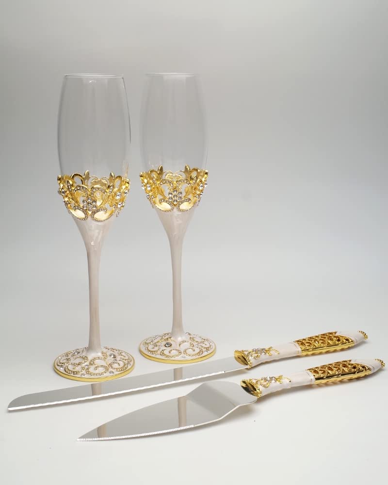 Lassos Boutique 4-Piece Wedding Set - Gold Champagne Flutes, Cake Knife & Pie Server for Bridal Showers, Receptions & Anniversary Celebrations