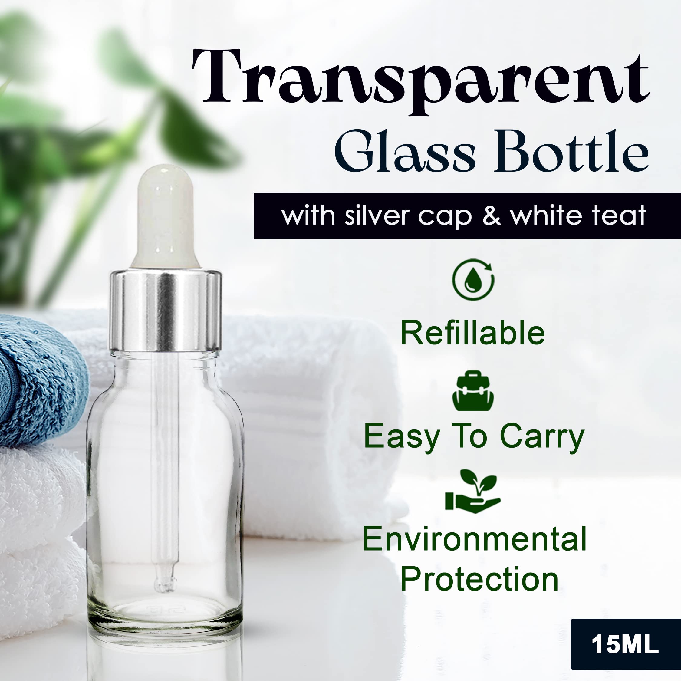 NSB Herbals 15ml Clear Empty Glass Bottle with Dropper & Silver Ring - Refillable Essential Oil, Perfume Container (Pack of 3) - Perfect for Aromatherapy, DIY Beauty & Travel Size Liquids