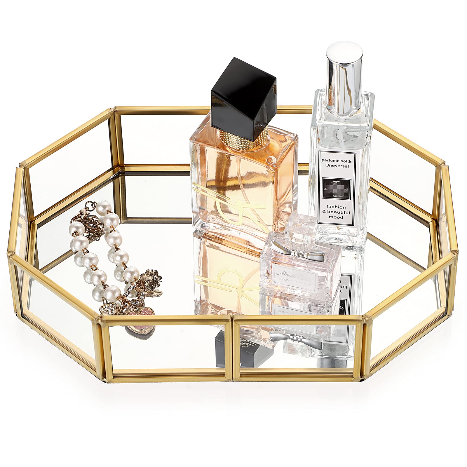 Vintage Gold Octagonal Vanity Tray - Mirror Glass Makeup & Jewelry Organizer for Perfume, Cosmetics & Trinkets - Elegant Bathroom Storage & Dresser Decor for Home, Bedroom & Vanity Table