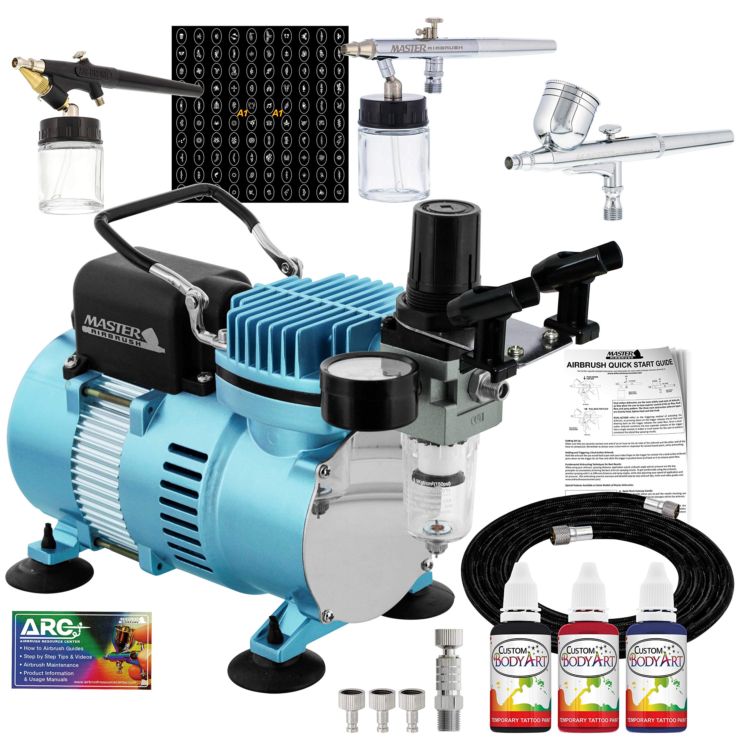 Master Airbrush Tattoo Kit - Complete System with 3 Airbrushes, Compressor, 100 Stencil Designs, 6ft Hose, Holder & Quick Couplers | Includes Black, Red, Blue Temporary Tattoo Ink & Training Guide | Perfect for Body Art, Face Painting & Special Events