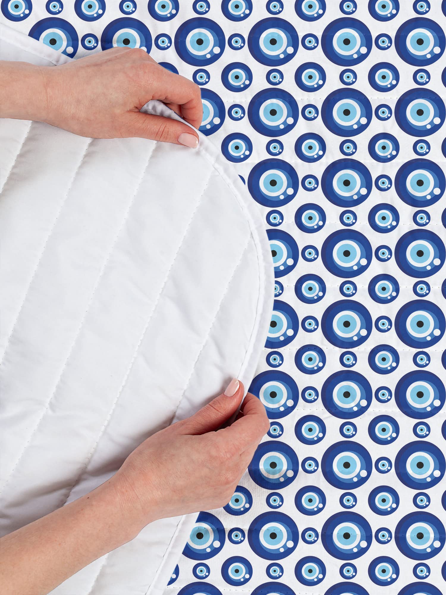 Ambesonne Evil Eye Microfiber Bedspread Set - Symmetrical All Seeing Eye Turkish Ethnic Design, Soft Twin Size Bedding with Pillow Sham & Comforter in Blue, Pale Blue & White | Perfect for Bedroom Decor, Guest Room, Dorm Room & Spiritual Protection