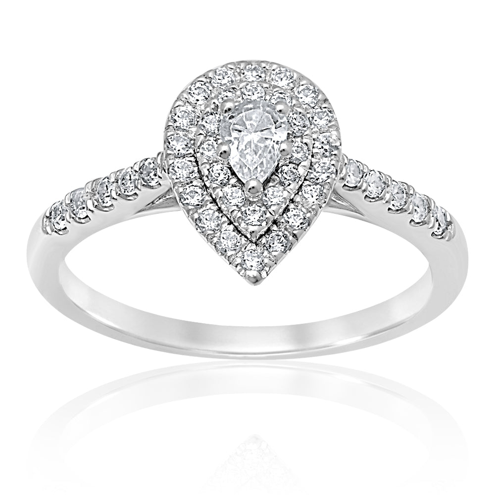 18ct White Gold 1/2 Carat Pear Diamond Halo Engagement Ring - Perfect for Proposals, Anniversaries & Special Occasions