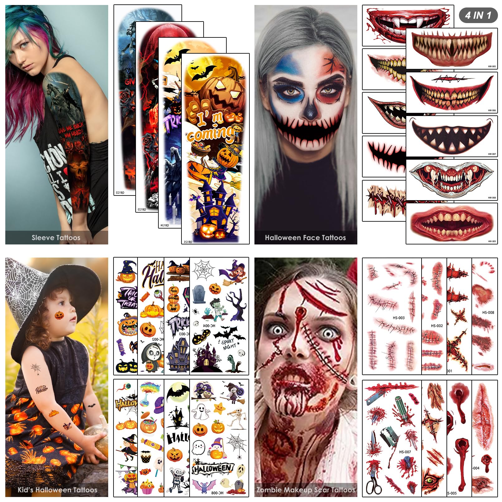 170+ PCS Halloween Mouth Tattoos - 30 Sheets Zombie, Pumpkin, Witch & Sugar Skull Designs for Scary Makeup & Face Tattoos - Perfect for Halloween Parties, Horror Prank Gifts & Cosplay Costume Accessories