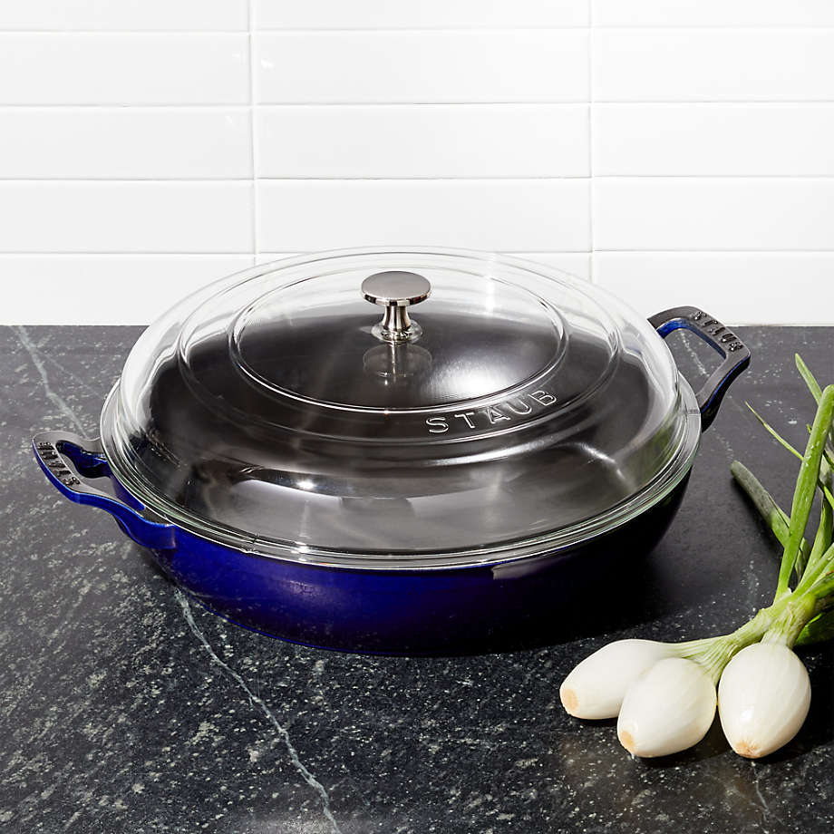 Staub Enameled Cast Iron Braiser with Glass Lid - 5.5 Quart Dark Blue Dutch Oven for Roasting, Baking & Searing - Perfect for Stovetop, Oven & Camping Cooking