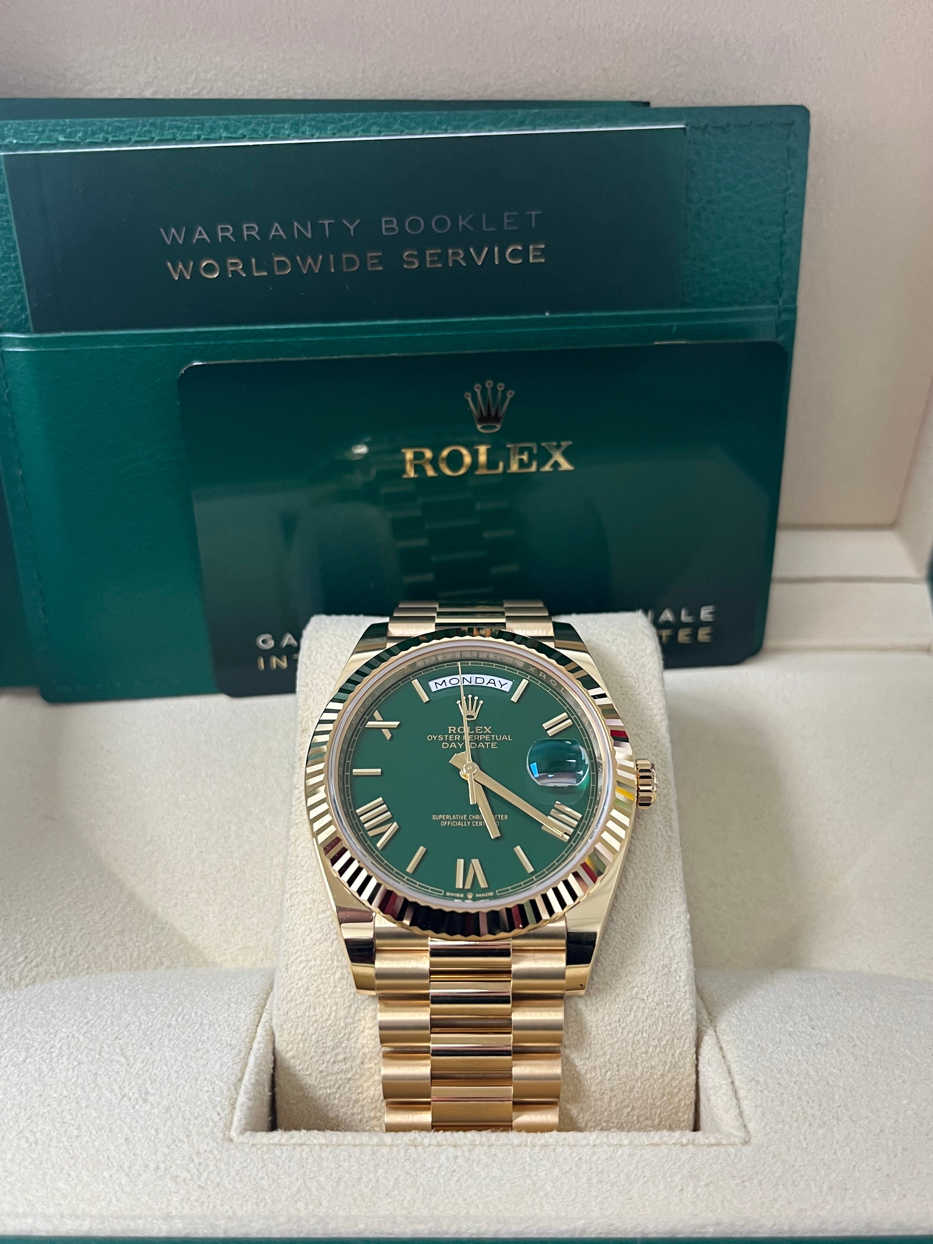 Rolex Day Date 40mm Men's Watch - 18K Yellow Gold Case, Green Roman Dial (Model 228238) | Luxury Dress Watch for Business & Formal Occasions