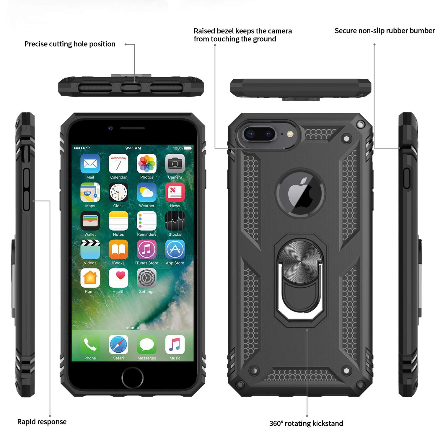 LeYi Military-Grade Shockproof iPhone 8 Plus/7 Plus/6 Plus/6s Plus Case with Tempered Glass Screen Protector [2 Pack] - Kickstand & Ring Holder, Black - Perfect for Outdoor Activities, Travel & Daily Protection