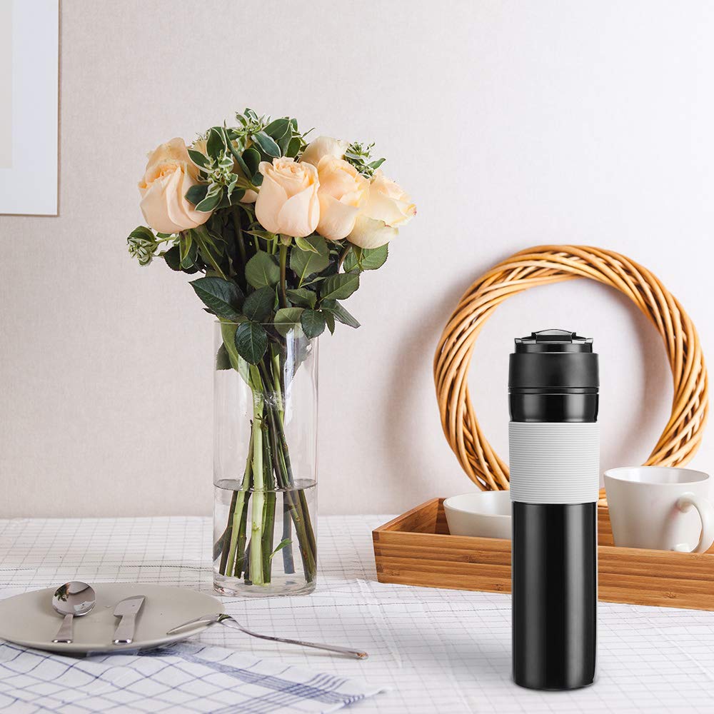 ALLOMN French Press Coffee Maker - 12oz/350ml Portable Travel Mug for Tea & Frothed Milk, Vacuum Insulated Stainless Steel Coffee Press for Home, Office, Camping & Outdoor Adventures (Black) - Perfect for Coffee Lovers & Travel Enthusiasts