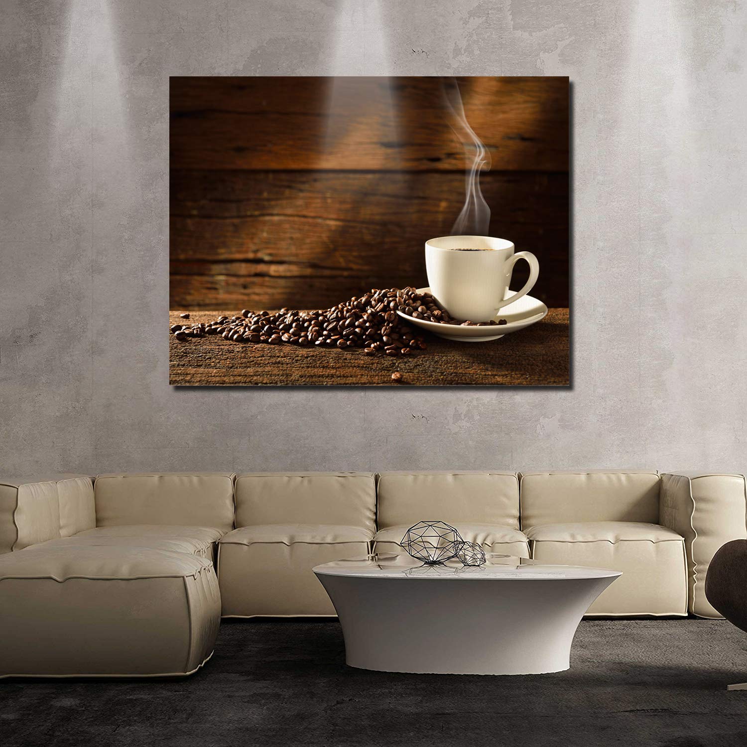Coffee Cup & Beans Canvas Wall Art - 24x36 Inch Modern Gallery Wrapped Framed Print - Ready to Hang Home & Office Decor - Perfect for Kitchen, Cafe, Living Room & Bedroom