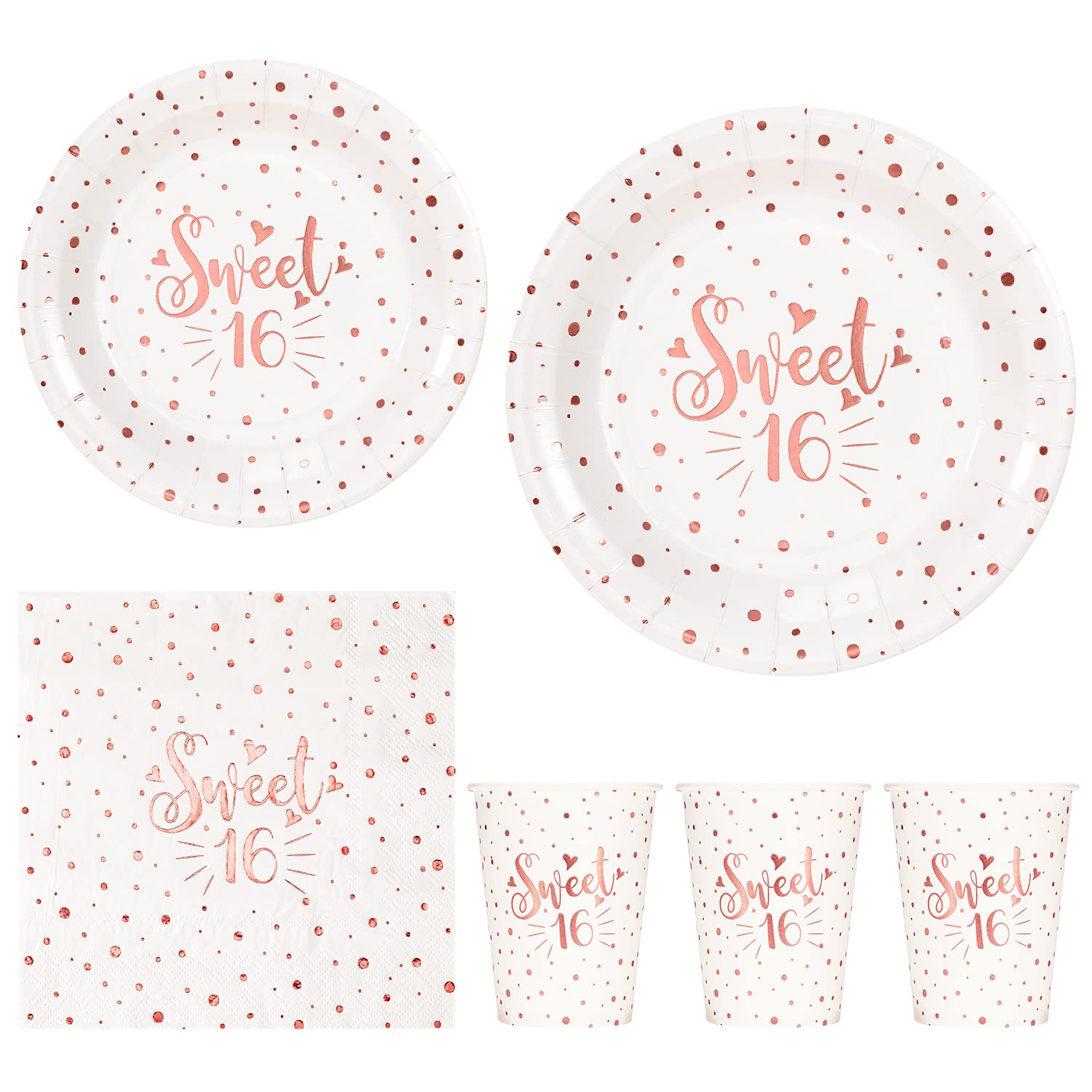 Sweet 16 Birthday Party Supplies - Rose Gold Disposable Tableware Set (24-Pack: 9