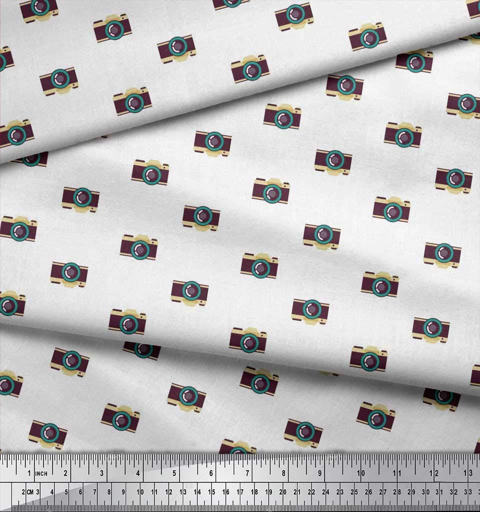 Soimoi Rayon White Fabric by The Yard - 42 Inch Wide Camera Print Shirting for Photography Enthusiasts - Travel-Themed Printed Fabric for DIY Shirts, Dresses & Camera Accessories - Perfect for Photographers & Travel Lovers