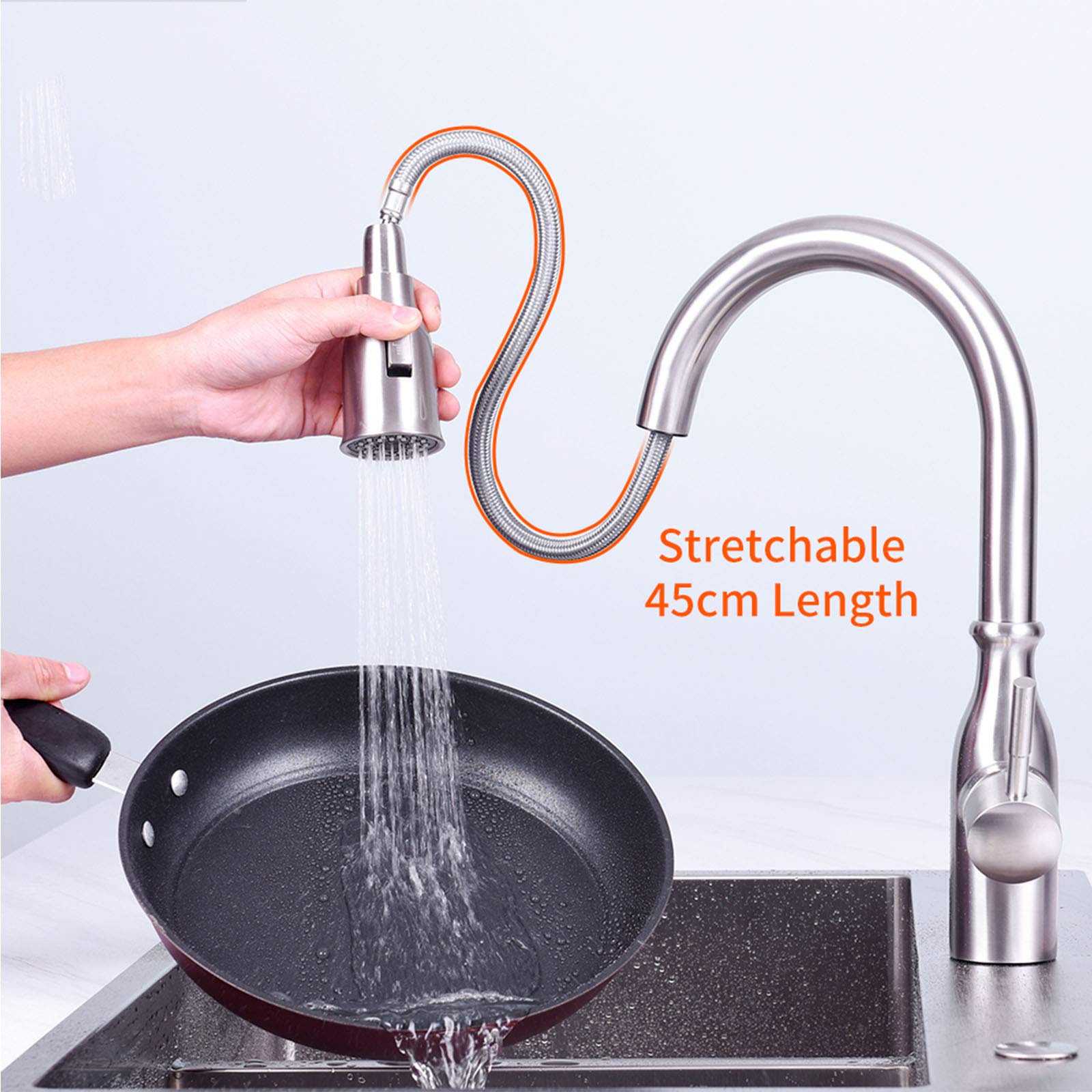 Single Handle Pull-Out Kitchen Faucet with 360° Swivel, Brushed Nickel Deck-Mounted Cold & Hot Water Mixer Tap for Modern Kitchens