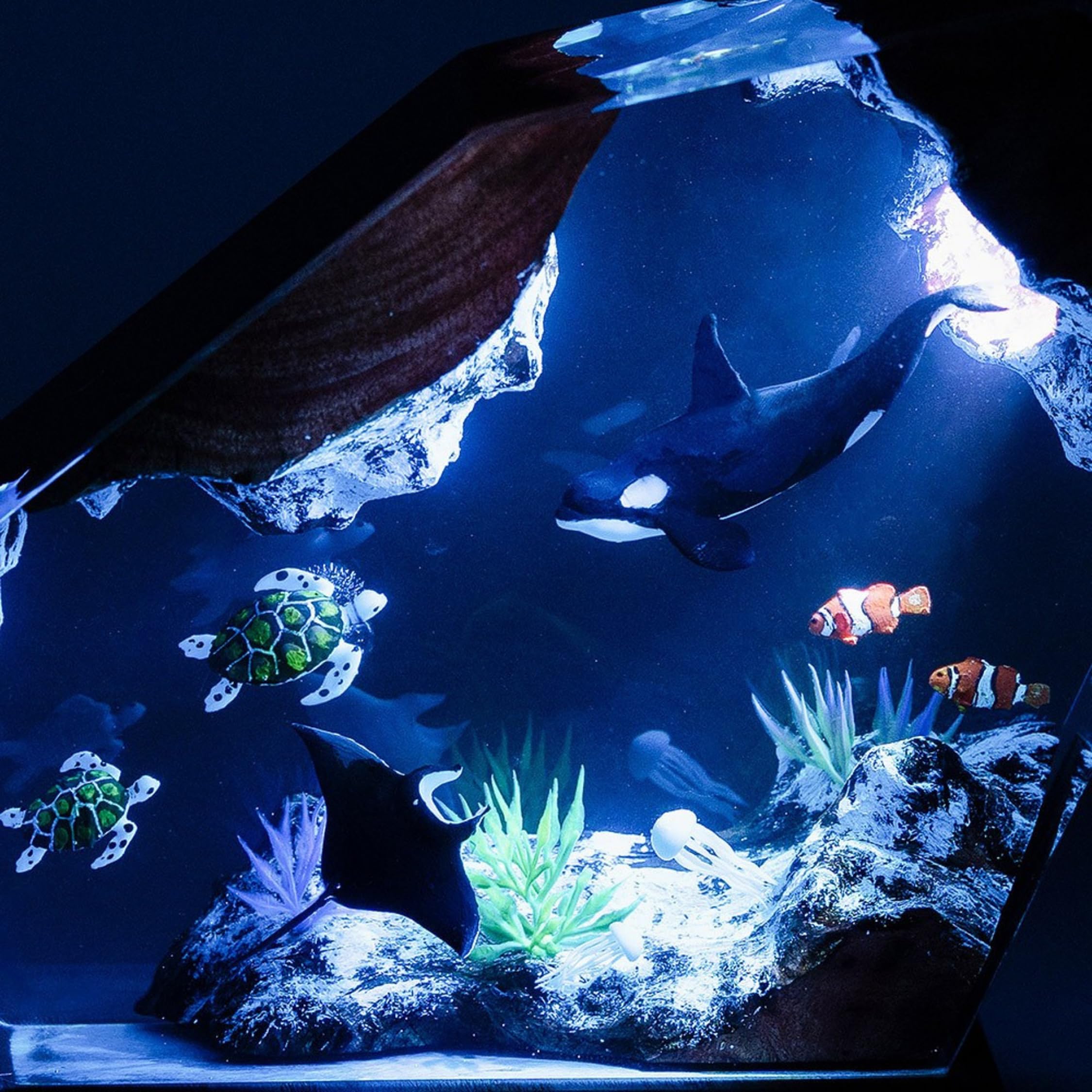 Orca & Turtle Resin Night Light - 4x6 Inch Ocean Themed Wood Lamp with Diver Diorama | Perfect Gift for Marine Lovers, Kids Room Decor & Bedside Lighting