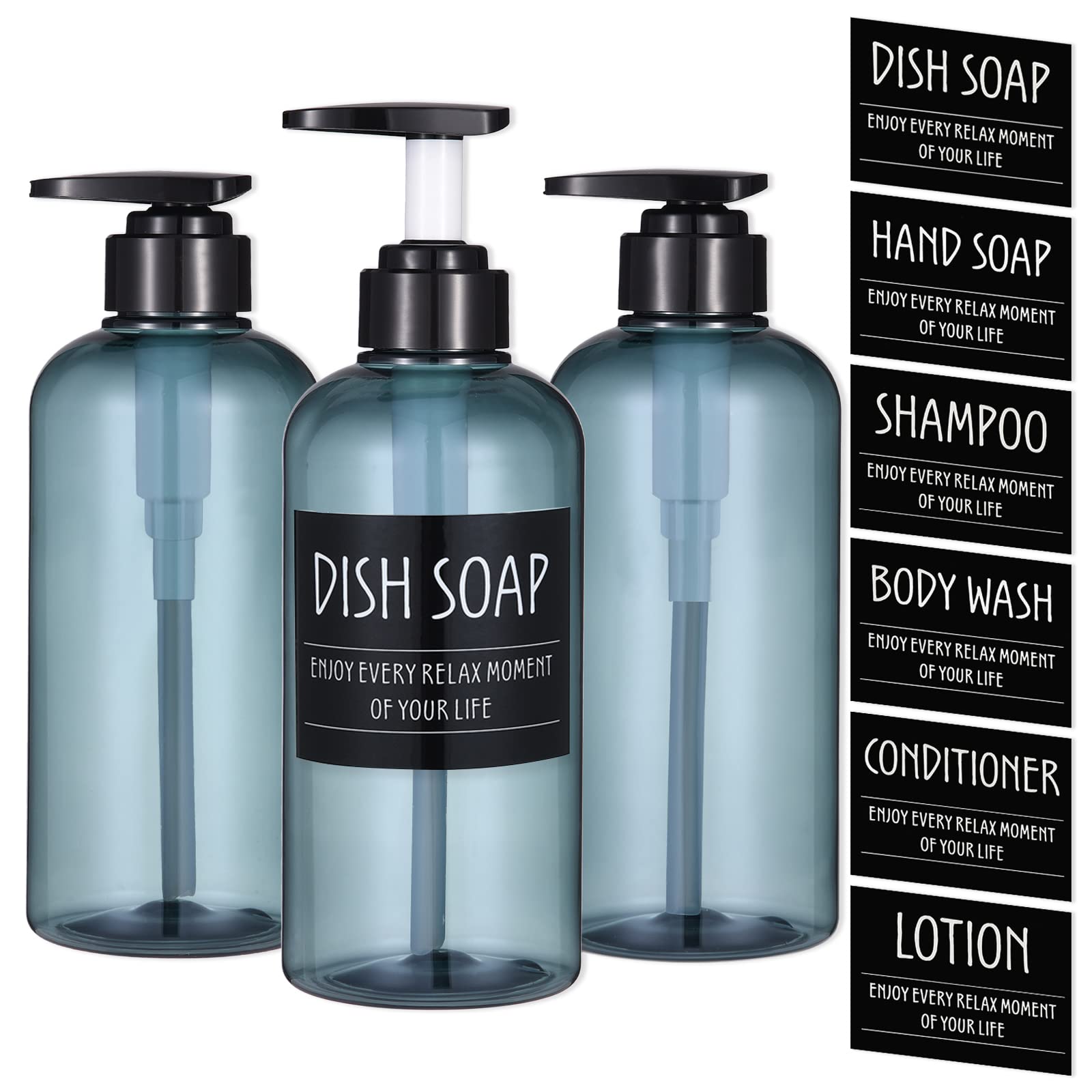 Refillable Shampoo and Conditioner Dispenser Bottles Set - 3 Pack 16.9oz/500ml Plastic Pump Bottles for Bathroom, Shower & Travel - Unprinted Blue Bottles with Black Stickers - Perfect for Guest Bathrooms, Hotels & Home Use
