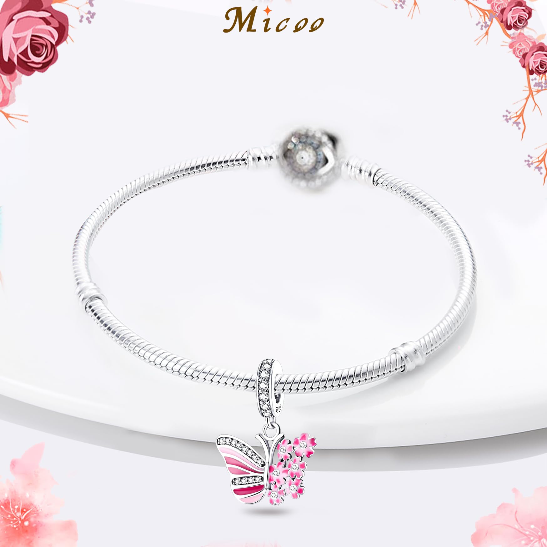 MICOO 925 Sterling Silver Butterfly Music Note Dangle Charm Pendant for Bracelets & Necklaces - Elegant Jewelry Gift for Women - Compatible with Pandora & European Bracelets - Perfect for Birthdays, Anniversaries & Special Occasions