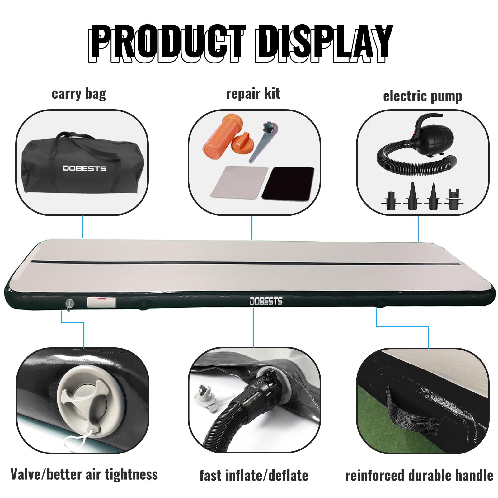 DOBESTS Inflatable Gymnastics Mat - 6.6ft to 20ft Air Track Tumbling Mat with Electric Pump - 4/8 Inch Thick for Home Gym, Cheerleading & Parkour Training - Perfect for Indoor/Outdoor Fitness & Gymnastics Practice