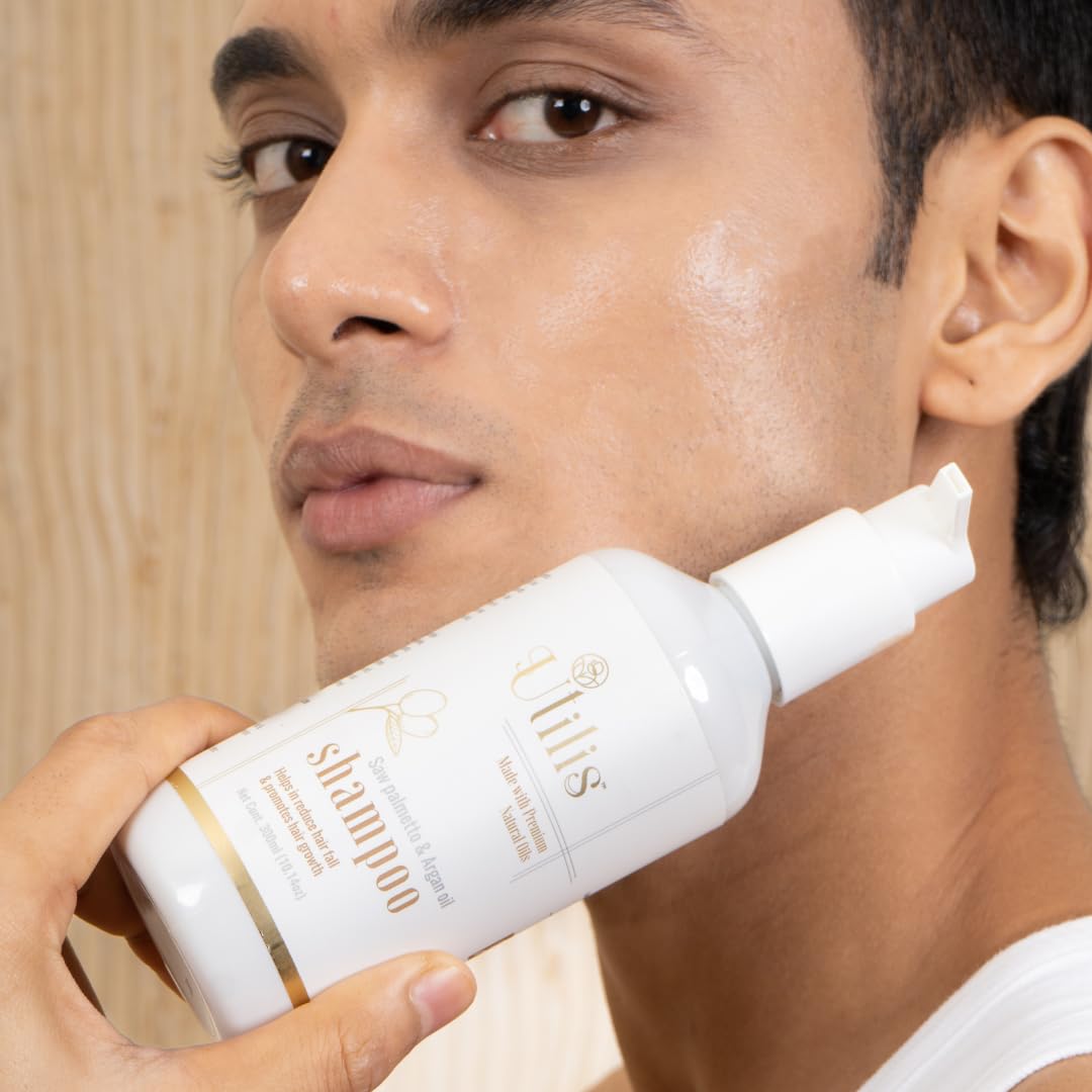Utilis Shampoo with Saw Palmetto & Argan Oil - Natural DHT Blocker for Hair Growth & Hair Loss Prevention - Sulfate-Free Vegan Formula for Men & Women (300ml) - Perfect for Daily Hair Care & Thinning Hair Solutions