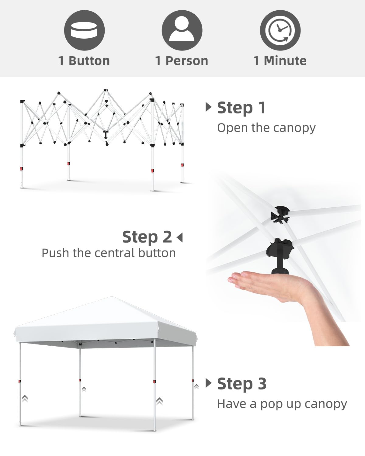 10x10 Pop Up Canopy Tent - Instant One-Button Setup Portable Shelter with Carry Bag - Adjustable Height 3 Positions & 4 Sandbags - Perfect for Camping, Beach, Backyard Parties, Sports Events, and Outdoor Gatherings - White
