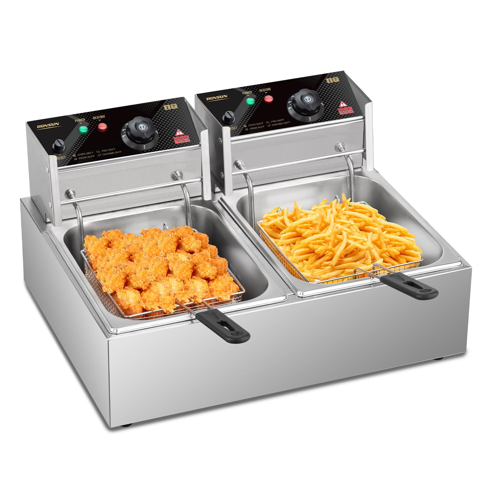ROVSUN 22.8QT/21.6L Commercial Stainless Steel Electric Deep Fryer - Dual Tank Countertop Fryer with Baskets & Lids - Adjustable Temperature 3400W - Perfect for French Fries, Donuts, Chicken Wings & More - Ideal for Restaurants, Food Trucks & Home Kitchens
